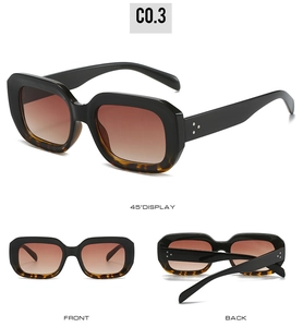 Square frame sunglasses with leopard tortoise pattern and rivet details shown in multi-views