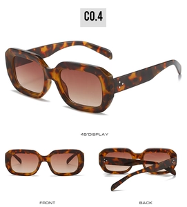 Three views of tortoiseshell square sunglasses with metal rivets and brown lenses