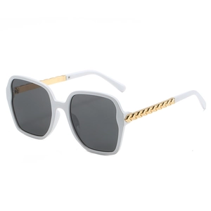Modern white oversized square sunglasses with gold chain temples and grey lenses
