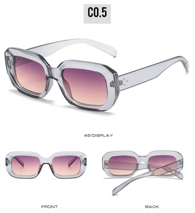 Detailed multi-angle views of square sunglasses with grey frames and gradient lenses