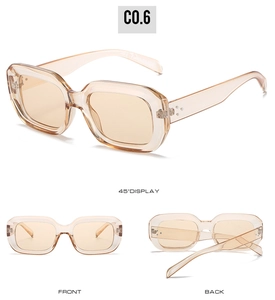 Detail view showing champagne transparent rectangular sunglasses with rivet accents