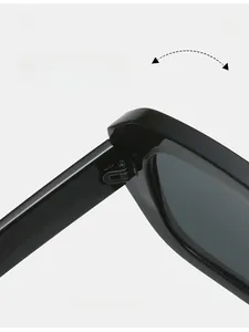 Detail of durable metal texture hinges on black square sunglasses with reinforced design