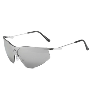 Futuristic sporty semi-rimless cycling sunglasses with silver metal temples and grey lenses