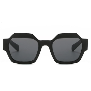 Modern black geometric hexagon sunglasses with matte finish and dark grey lenses for fashion