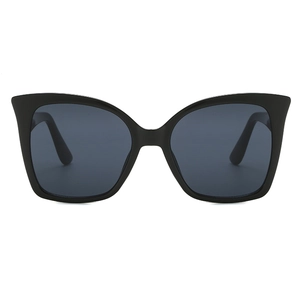 Fashionable oversized cat eye sunglasses with black matte frame and dark grey lenses for women
