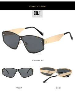 Vues détaillées de lunettes de soleil géométriques avec accents dorés et verres foncés