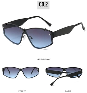 Vues détaillées de lunettes de soleil oversize sans monture avec dégradé bleu-violet