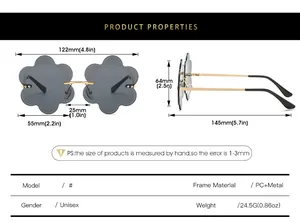 Detailed size chart for rimless flower sunglasses with PC and metal frame specs