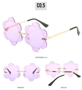 Multi-angle view of rimless flower-shaped sunglasses with purple lenses and gold arms