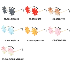 Collection of seven colorful flower-shaped rimless sunglasses with gold metal temples