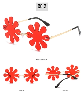 Frameless red flower sunglasses with gold metal temples shown from multiple professional angles