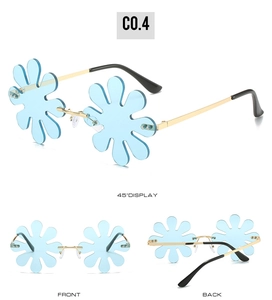 Detailed views of rimless flower-shaped sunglasses with blue lenses and gold metal frames