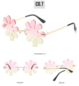 Frameless flower sunglasses with pink-yellow gradient lenses in front and back views