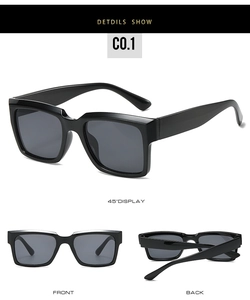 Detailansicht der quadratischen Retro-Sonnenbrille in Schwarz aus Front- und Seitenansicht