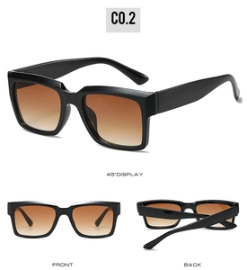 Drei-Winkel-Ansichten der Retro-Sonnenbrille mit schwarzem Glanzrahmen und braunem Glas