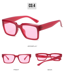Details von quadratischen roten Retro-Sonnenbrillen mit rosa Gläsern aus drei Perspektiven