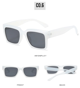 Drei-Sichten-Anzeige einer weißen Vintage-Quadrat-Sonnenbrille mit dunkelgrauen Gläsern