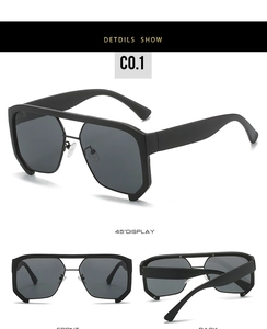 Detailed views of black oversized square sunglasses with metal double bridge design