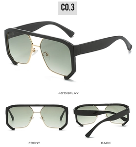 Detail view of large geometric sunglasses with black frames and gold metal accents