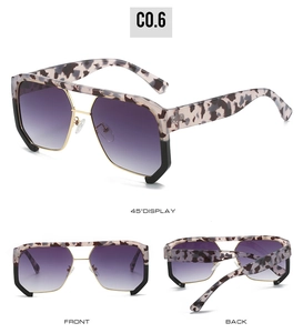 Multi-angle view of punk hip-hop sunglasses with marble frames and purple gradient lenses