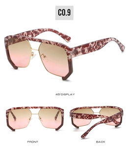 Detailed views of punk hip hop oversized sunglasses with pink marble frame and gradient lenses