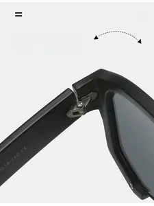 Detail view of durable metal hinge and specification print on black square sunglasses