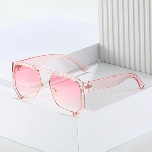 Pink gradient punk sunglasses with oversized transparent frame and golden metal accents