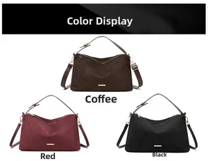 Three suede hobo bags in coffee, wine red, and black with gold metal hardware details