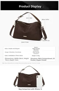 Brown faux suede hobo bag size dimensions shown with iPhone 12 for scale comparison