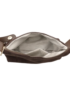 Interior view of brown suede hobo bag with herringbone lining and inner pocket