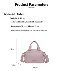 Detail view of pink fabric tote bag showing size specs and versatile carrying modes