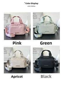 Multiple views of large capacity nylon tote bags in pink, green, beige, and black colors