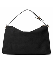 Detail of adjustable leather strap and gold hardware on black suede hobo shoulder bag