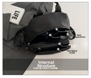 Detail view of the black nylon backpack's interior pockets and organized compartments