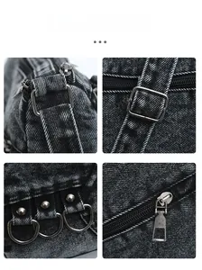 Detailed views of washed denim crossbody bag showing metal buckles and texture