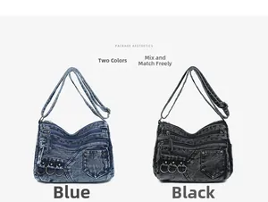 Front view of washed denim crossbody bags in blue and black with multi-zipper pockets