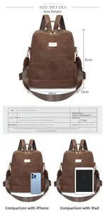 Tabella taglie zaino marrone con dimensioni 29x31x13cm e confronto con iPhone e iPad