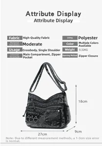 Detailed size chart of black washed denim crossbody bag showing dimensions 27x18x9cm