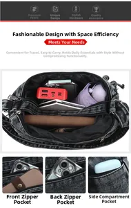 Macro view of washed denim crossbody bag showing large capacity for phone and umbrella