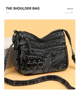 Detail of washed denim crossbody bag featuring multiple zippers and metallic rings