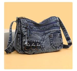 Close-up of washed denim crossbody bag featuring multi-zipper layers and metal rings