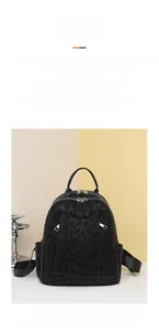 Detail of leopard print backpack with dual-zipper closure and durable fabric texture