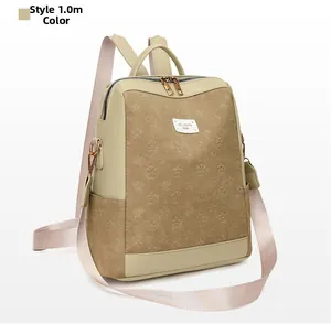 Dettaglio dello zaino beige con tessuto goffrato a stelle e logo in metallo