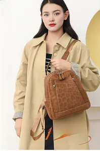 Close-up of stylish leopard print backpack showing soft texture on a fashion model
