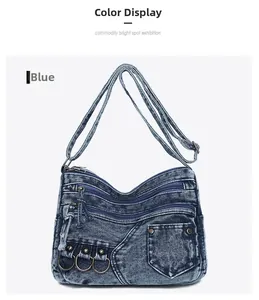 Detail view of washed blue denim crossbody bag with retro industrial metal zippers