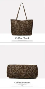 Detailed views of the leopard print tote bag showing the flat base and rear panel