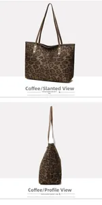 Detailed side view of large leopard print tote bag with brown straps and rivets