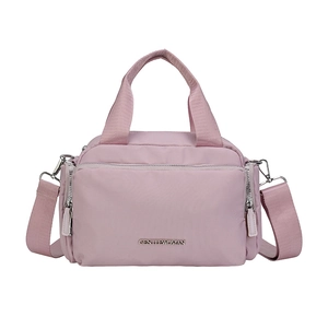 Pink nylon tote bag with GENTLEWOMAN logo featuring multiple pockets and adjustable strap