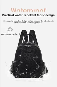 Waterproof leopard print backpack with splash effect showing high-density nylon fabric