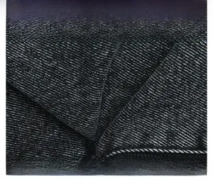 Close-up of premium dark denim fabric texture showing detailed twill weave pattern